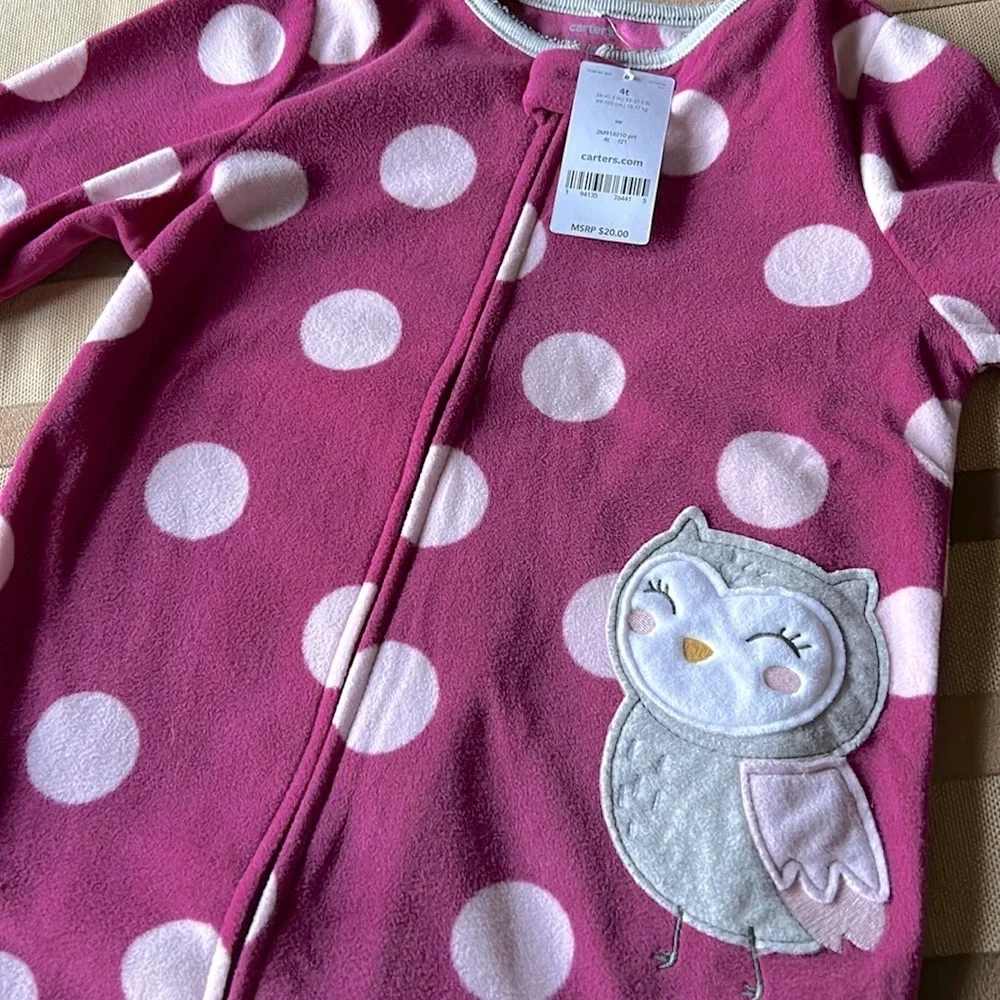 Carters Polka Dot Owl Fleece Footed Pajamas Magenta Pink Purple
